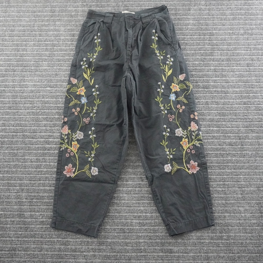 Sundance Chino Pants Womens 4 Gray Floral Embroidered Cotton Straight Leg